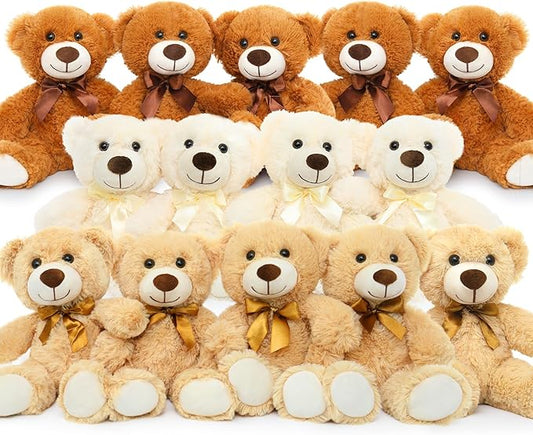 MorisMos 14 Piece Teddy Bears Bulk Baby Shower,14 Inch Cute Teddy Bear Stuffed Animals Plush,Small Stuffed Bears,Centerpiece Decoration,Brown,White,Dark Brown