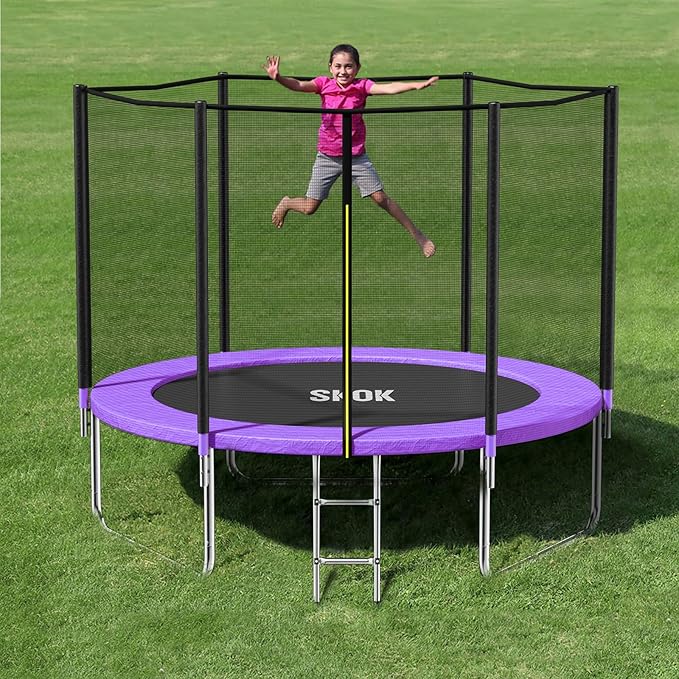 SKOK Trampoline 8FT 10FT 12FT 14FT 15FT Trampolines with Enclosure Net, 400LBS Outdoor Trampolines for Kids with Basketball Hoop-ASTM Approved Trampoline for Children and Adults with Ladder