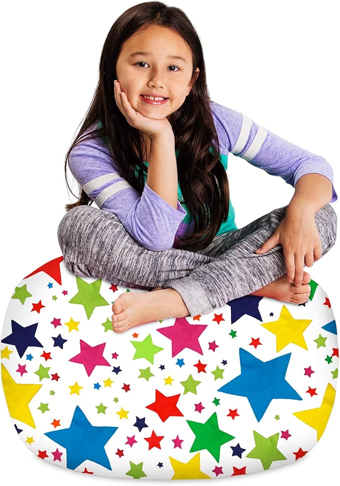 Posh Creations Stuffable Kids Stuffed Animal Storage Bean Bag Chair Cover - Childrens Toy Organizer, Medium-27 - Canvas Stars Bright Multi-Colored