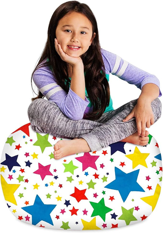 Posh Creations Stuffable Kids Stuffed Animal Storage Bean Bag Chair Cover - Childrens Toy Organizer, Medium-27 - Canvas Stars Bright Multi-Colored