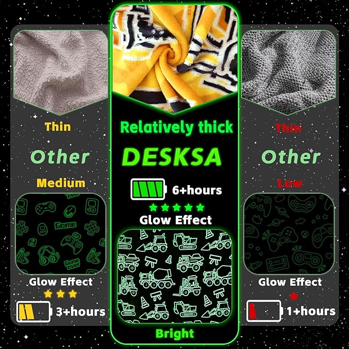 Excavator Blanket Construction Gifts for Kids Glow in The Dark Truck Blanket Soft Tractor Toys Throw Blankets Boys Car Theme Decor Blankets