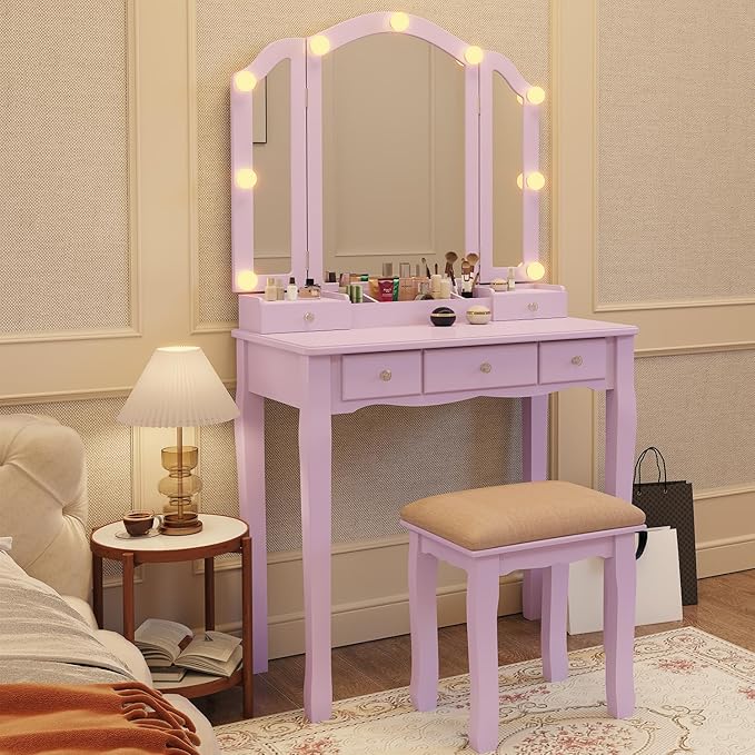 Purple Vanity Makeup Vanity Desk with Lights Vanity for Teen Girls Vanity Set for Teenager Vanity Table with Mirror for Bedroom Vanity Mirror with Lights Girls Desk and Chair