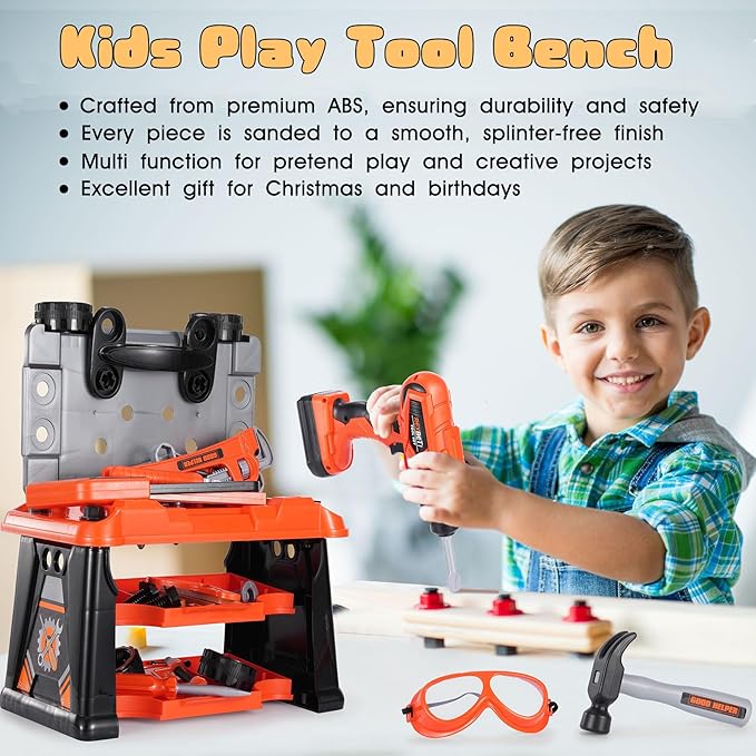 REXBETI Kids Tool Set with Tool Box and Electronic Toy Drill, Pretend Play Kids Construction Kits, Toddler Tool Set, Birthday Gifts for Kids Ages 3-8 Years Old