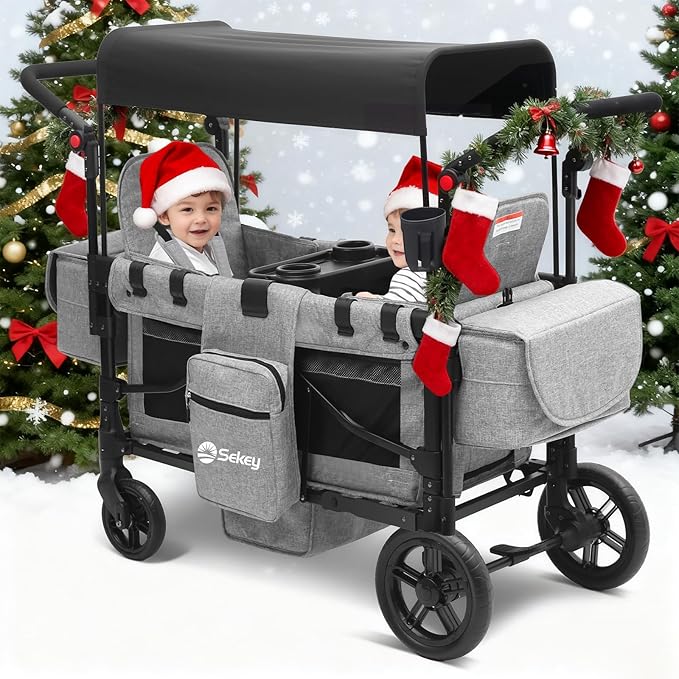 Sekey Wagon Stroller for 2 Kids, Luxury 4-in-1 Stroller Wagon - Premium Quality with Convertible Seats, Adjustable Push Handles, Removable Canopy, Snack Tray & Cooler, US Certified. Gray