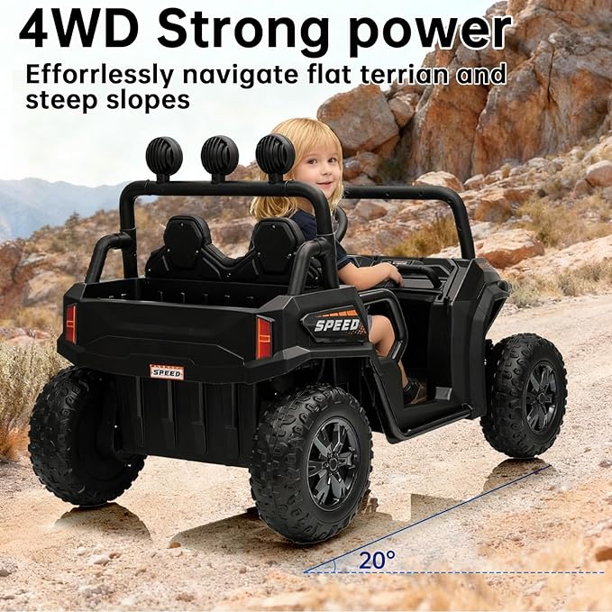 24V Side by Side Ride On Truck, Battery Powered Electric Vehicle with Remote Control, 4x100W Powerful Motor, 2 Seater Kids Car with Bluetooth, Black
