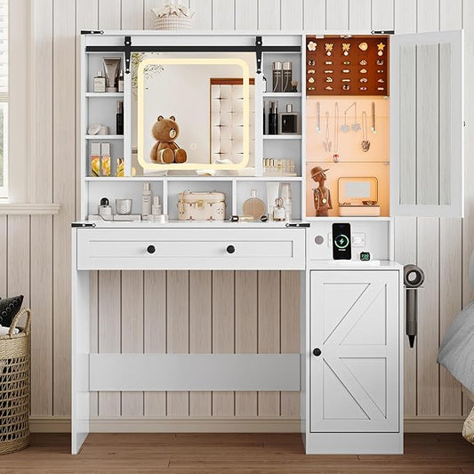 Makeup Vanity Desk with Sliding Mirror and Lights, Farmhouse Vanity Table Set with Power Outlet & RGB Cabinet, Dressing Table with Storage Drawers & Shelves for Kids Girls Women Bedroom, White