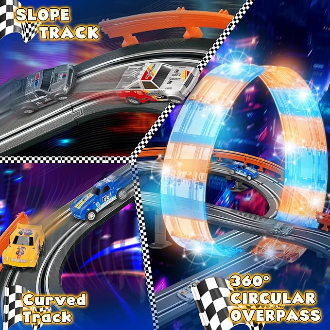 Slot Car Race Track Sets for Boys Age 4 5 6 7 8-12, Electric Race Car Track with 4 High-Speed Racing Car, Dual Racing Game Lap Counter Circular Overpass Track, Christmas Birthday Gifts Toys for Kids