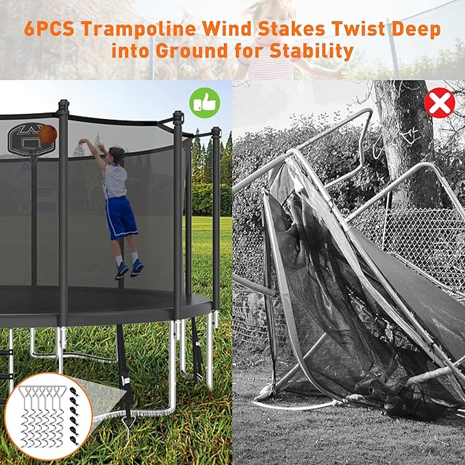 1500LBS 8 10 12 14 15 16 FT Tranpoline for Adults/Kids with Safety Enclosure Net, Basketball Hoop, Ball, Wind Stakes and Ladder, Heavy Duty Outdoor Recreational Tranpolines for Family