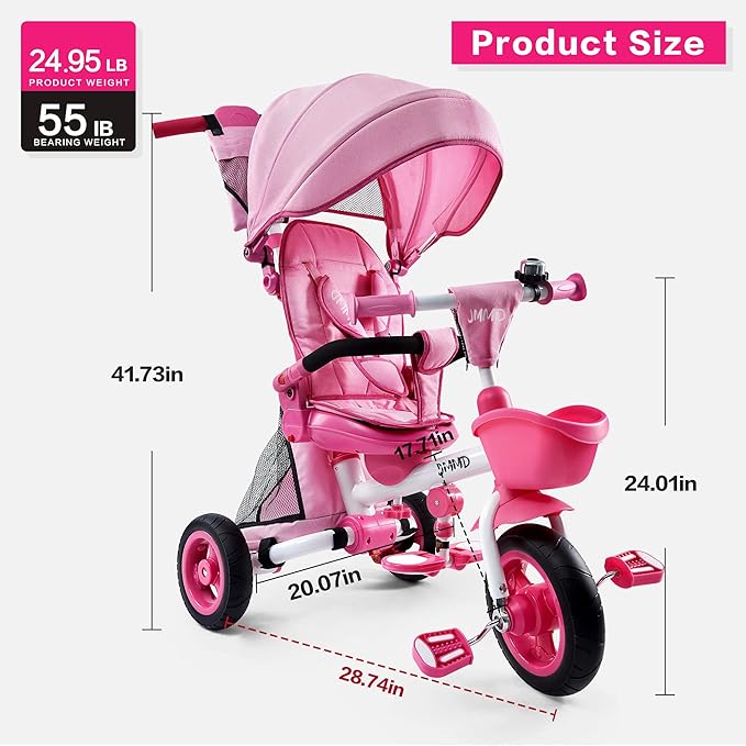 JMMD Baby Tricycle, 7-in-1 Folding Kids Trike with Adjustable Parent Handle, Safety Harness & Wheel Brakes, Removable Canopy, Storage, Stroller Bike Gift for Toddlers 18 Months - 5 Years(Pink)