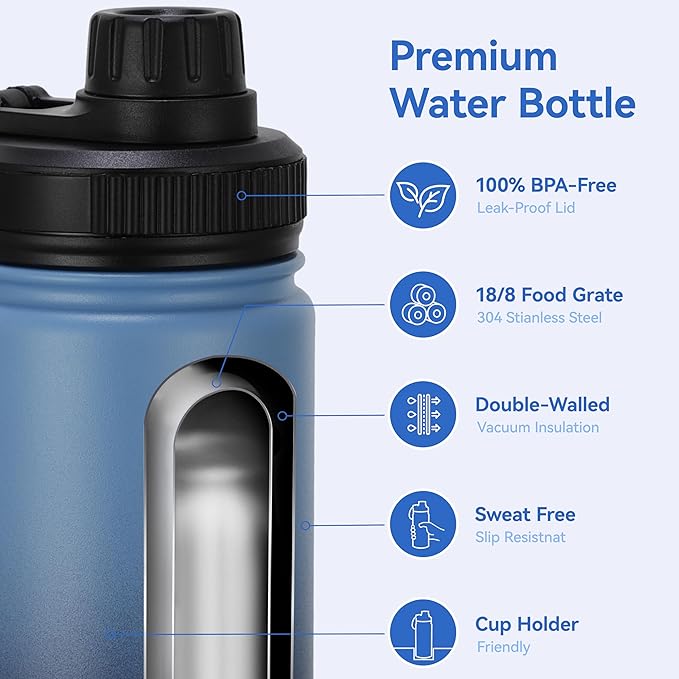 DOMICARE 16 oz Water Bottle Stainless Steel Double Wall Vacuum Insulated Water Bottle with Straw lids & Spout Lid, Leakproof
