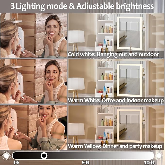 Girls Vanity Set LED Lighted Mirror with 3 Oppen and Hidden Shelves, Vanity Makeup Table with 5 Drawers, Dressing Table with Cushioned Stool for Teen Girls