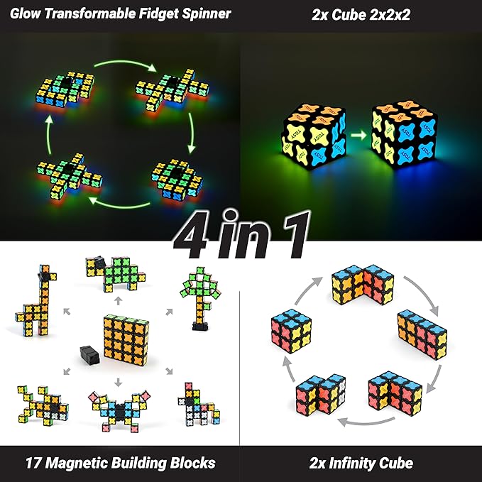 TOSY Magnet Fidget Spinner Glow - 16 Blocks, 3 in 1 Toy: Transformable Fidget Spinner, Infinity Cube, 2x2 Puzzle Cube, Glow, Stress Relief, STEM Magnet Tiles Birthday Gift for Kids/Boys/Girls/Adults