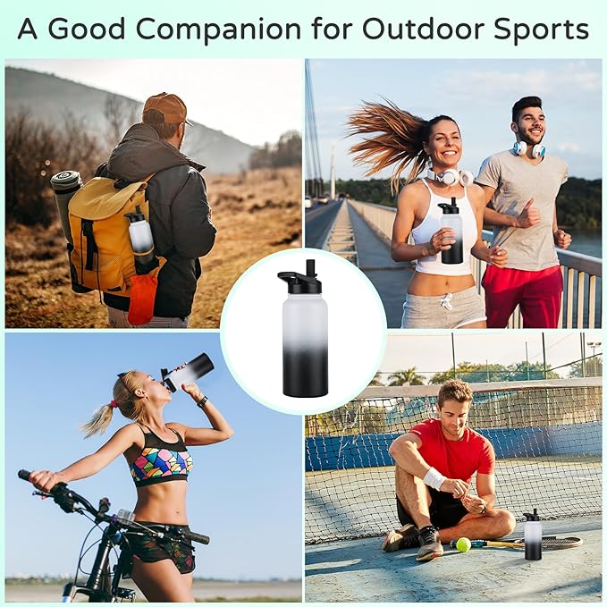 DOMICARE 32 oz Insulated Water Bottle Bulk, Vacuum Insulated Stainless Steel Sports Water Bottle with Straw Lid & Spout Lid, Leakproof, Reusable - Travel, Bike, Black White Gradient (8 Pack)