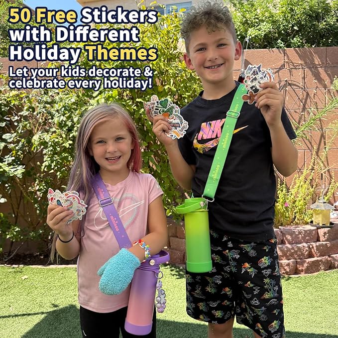 Mininoo Insulated Stainless Steel Kids Water Bottle for School with Straw Lid & Strap, 50 Stickers, 18 oz(Purple/Pink)