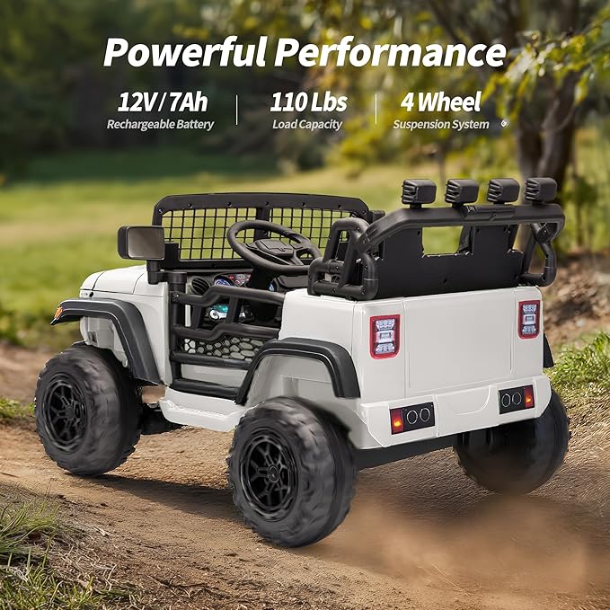 2 Seater Ride on Car Toy, 12V Electric Car for Kids 4-8 with Remote Control, Capacity 110 lb, LED Light - White