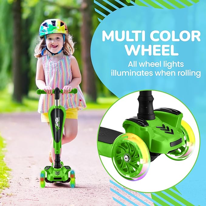 Hurtle 3-Wheeled Scooter for Kids - Wheel LED Lights, Adjustable Lean-to-Steer Handlebar, and Foldable Seat - Sit or Stand Ride with Brake for Boys and Girls Ages 1-14 Years Old