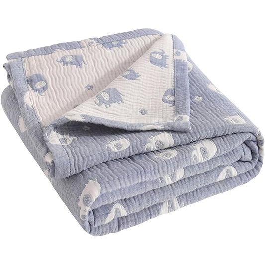 NTBAY 3 Layer Muslin Cotton Toddler Blanket, Jacquard Reversible Nursery Bed Blanket, Super Soft and Thermal for All Seasons, Decoration Gift, 30"x40", Blue Elephant