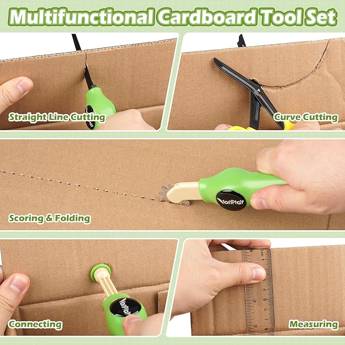 Vanplay Cardboard Cutter for Kids - Cardboard Tools for Kids, Cardboard Cutting Tool Set with Fold-Roller & Gloves, STEM Educational Construction Toys Gift for 5-9 Year Old Boys Girls