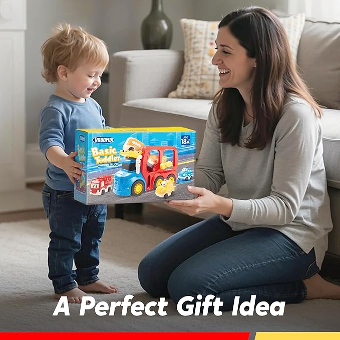 Toddler Truck Toys for Age 2-4, Carrier Transport Trucks for Kids 2 3 4 5 Year Old Boy, 4 Pack Car Toys Including School Bus, Taxi, Fire Engine and Police Car, Christmas Birthday Gift