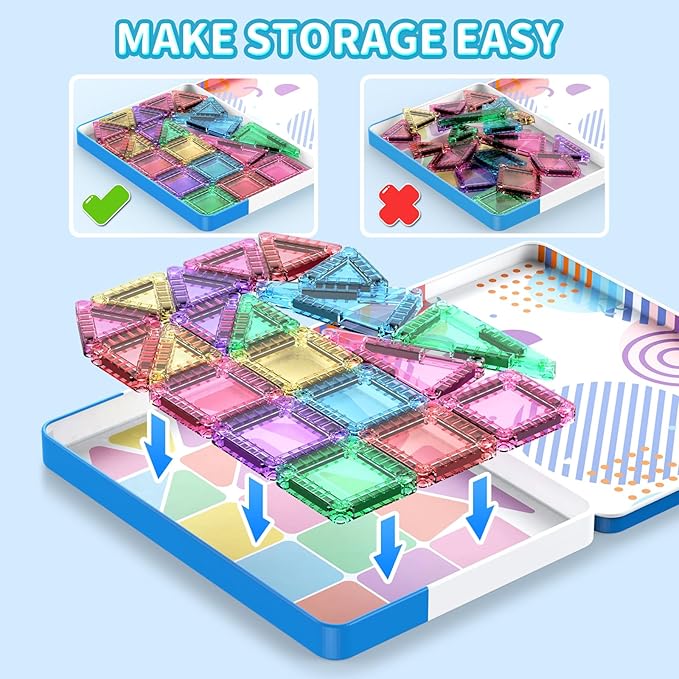 40PCS Mini Magnetic Tiles Travel Set, Portable STEM Building Blocks for Kids with Metal Storage Box, Montessori Sensory Toys for Classroom & Travel, Christmas Gift for Boys & Girls