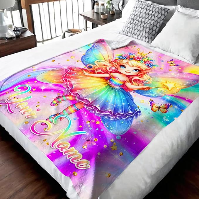 Personalized Name Blanket for Girls, Fairy Throw Blanket Gift for Kids Teens, 80"x60" Custom Name Blankets for Couch Sofa Bed Bedroom Decor Travel