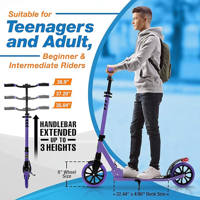 SereneLife Kick Scooter Adult Teenagers Kids- 2 Wheel Kids Scooter with Adjustable T-Bar Handlebar - Alloy Anti-Slip Deck - Portable Folding Scooters for Kids with Carrying Strap