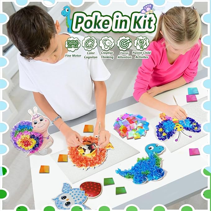 mom&myaboys Poke A Dot Art Kit - Animals Theme with Snail, Lion, Owl, Squirrel, Butterfly | No-Mess Sewing Craft for Kids Ages 4-8 | Creative Toys for Girls & Boys | Fun Gift for Birthday, Christmas