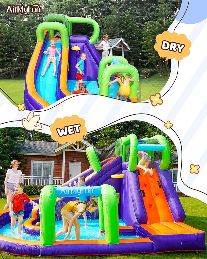 AirMyFun Water Slide InflatableBounce House for Kids with Blower. Family Backyard Bouncy Castle with Fun Doorway Tunnel, Climbing Wall,Long Safe Return Curved Slide and Ball Shooting