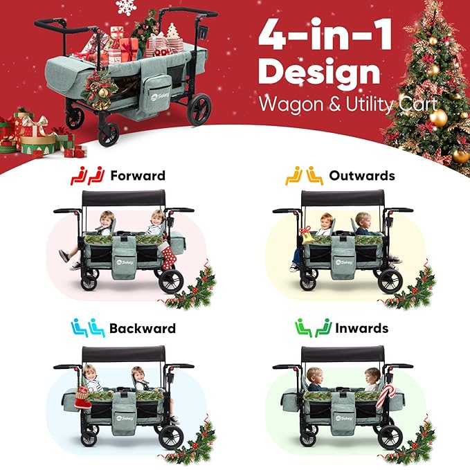 Sekey Wagon Stroller for 2 Kids, Luxury 4-in-1 Stroller Wagon - Premium Quality with Convertible Seats, Adjustable Push Handles, Removable Canopy, Snack Tray & Cooler, US Certified. Green