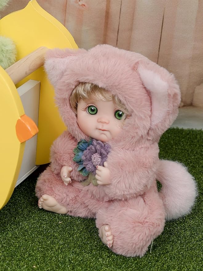 Reborn Baby Doll 10 Inch – Realistic Vinyl Girl with Green Eyes in Pink Fox Outfit – Collectible Comfort Gift for Girls