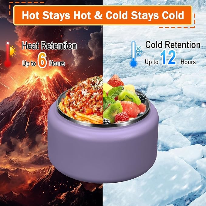 13.5oz Kids Jar for Hot Food, Insulated Vacuum Food Jar with Buckle Lid, Stainless Steel Wide Mouth Leak Proof Insulated Lunch Container for School Picnic Travel,Purple