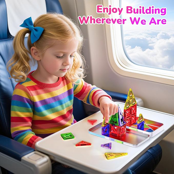 Mini Magnetic Tiles for Kids, Sparkling Diamond Travel Magnet Tiles with Metal Case, STEM Educational Magnet Blocks, Portable Construction Magnet Toys for Boys and Girls, 26PCS