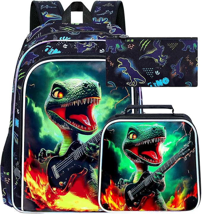 16" Dinosaur Backpack for Boy, 3Pcs Bookbag for Elementary Preschool Kindergarten, Kids School Backpacks with Lunch Box (Black)