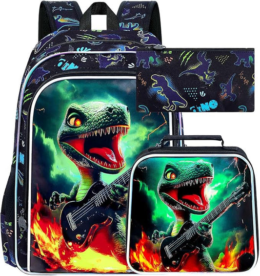 16" Dinosaur Backpack for Boy, 3Pcs Bookbag for Elementary Preschool Kindergarten, Kids School Backpacks with Lunch Box (Black)