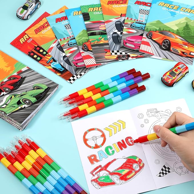 BenLouis 12 Race Car Mini Coloring Books Kids with 12 Stacking Crayons Racing Theme Party Favors Small Activity Books Bulk for Kids Fast Racecar Wheel Birthday Party Gift Goodie Bag Stuffers