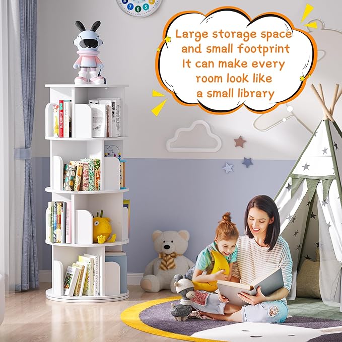 Rotating Bookshelf, Wood Corner Bookshelf, 360 Display Spinning Bookcase Storage Rack, 4 Tier Floor Standing Revolving Bookcase Narrow Book Shelf Organizer for Small Space, Bedroom, White