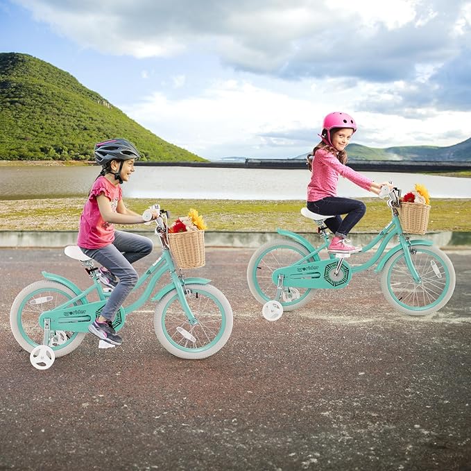 BABY JOY Kids Bike, 14 16 18 Inch Retro Kids Bicycles for 3-8 Years Old Children with Training Wheels, Adjustable Height, Rattan Basket, Handbrake & Coaster Brake, Boys Girls Bike (Pink, Green, Blue)