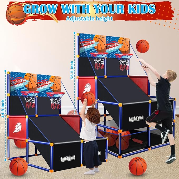 Arcade Basketball Game Set for Kids, Boy Toys Basketball Hoop with 4-5 Balls for 3-12 Years Old, Adjustable Height w/Pump & Storage Net for Kids Indoor Outdoor Sports Play, Christmas Birthday Gifts