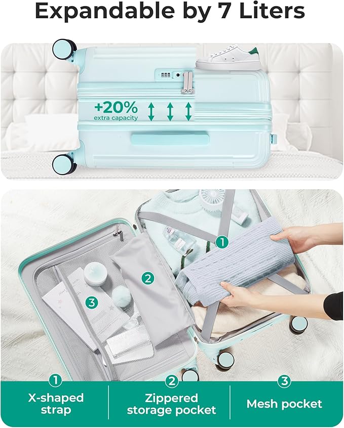 BAGSMART Carry On Luggage 22x14x9 Airline Approved with Spinner Wheels,100% PC Hardside Expandable Luggage with TSA Lock for Trips, 20 Inch Rolling Suitcases for Men Women,Green