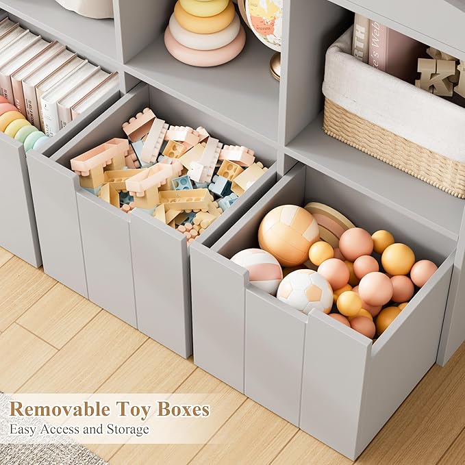 HITHOS 55.3" H Kids Bookshelf with Toy Storage Organizer, Tall Book Shelf with 3 Movable Toy Storage Bins, Large Kids Bookcase with Toy Chest, 39.2" W Modern Toys Box for Kid Room, Playroom, Gray
