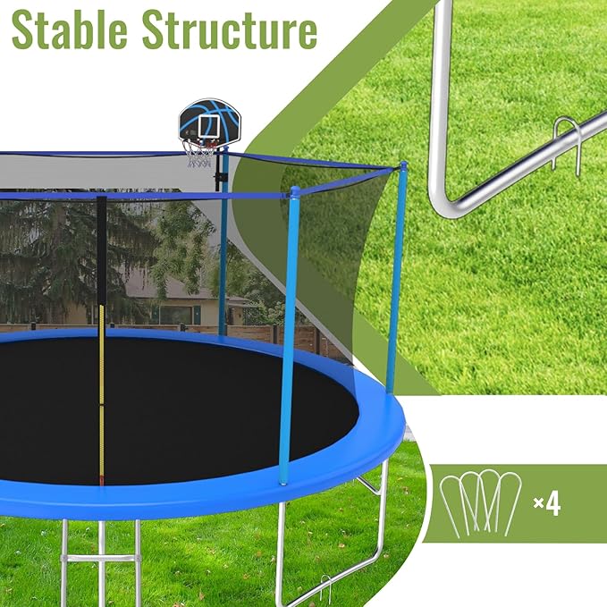 10FT/12FT/14FT Outdoor Trampoline for Kids and Adults - Trampoline with Basketball Hoop & Sprinkler - Anti Rust - ASTM Approved - Blue