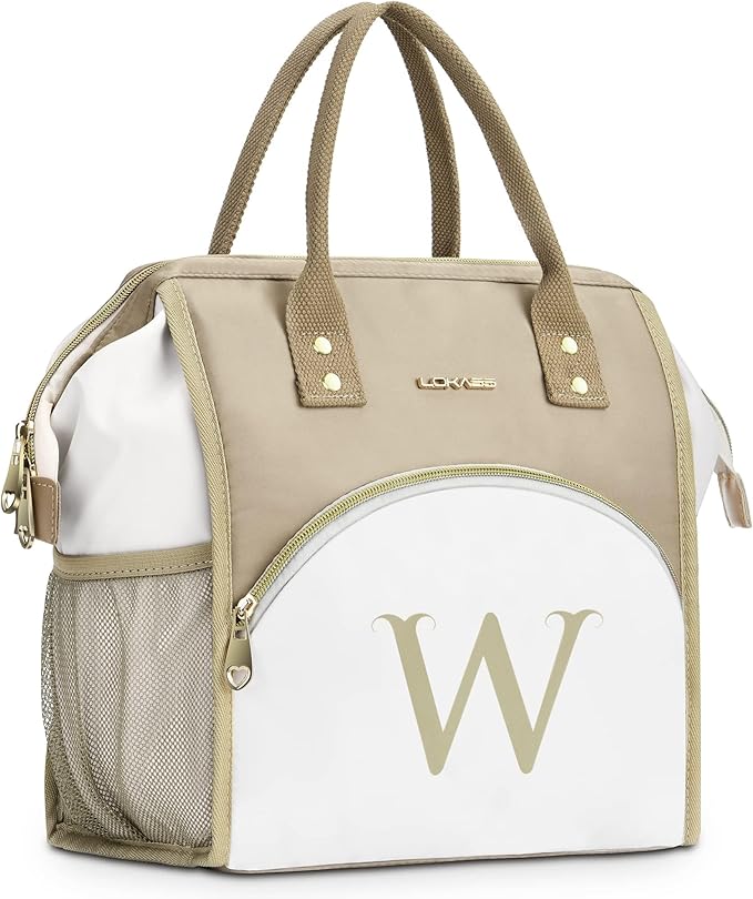 Personalized Lunch Box for Women, Initial Reusable Insulated Lunch Bag, Wide-Open Adult Lunchbox Cooler Lunchbag, Leakproof Lunch Tote for Picnic Work Outdoors, Christmas Gift for Women, Brown - W