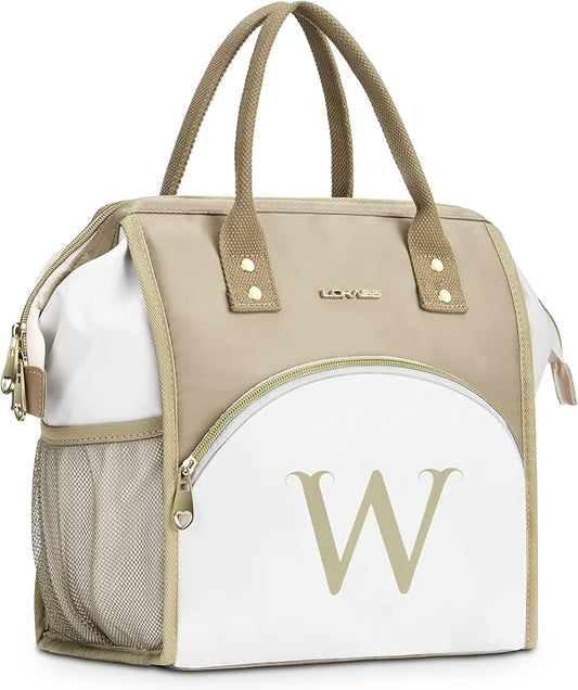 Personalized Lunch Box for Women, Initial Reusable Insulated Lunch Bag, Wide-Open Adult Lunchbox Cooler Lunchbag, Leakproof Lunch Tote for Picnic Work Outdoors, Christmas Gift for Women, Brown - W