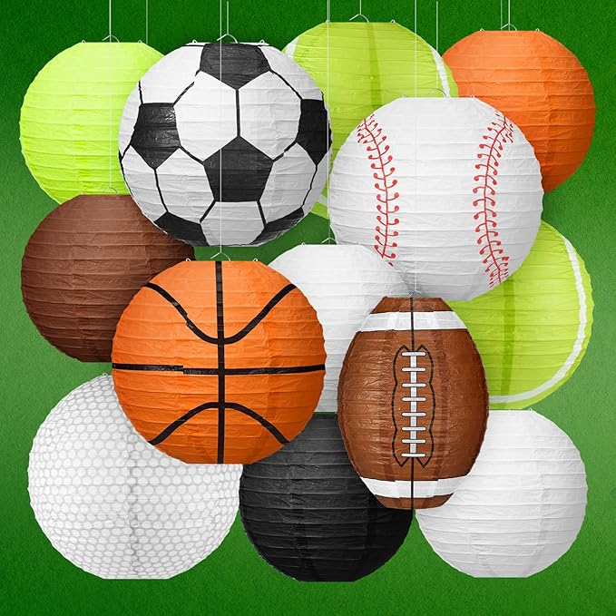 Bencailor 13 Pcs Sports Paper Lanterns Sport Themed Paper Soccer Baseball Football Basketball Lanterns for Indoor Outdoor Sport Themed Birthday Party Decoration (Complex)
