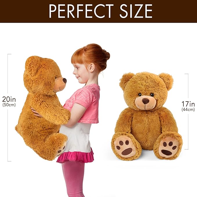 LotFancy Teddy Bear Stuffed Animals, 20 inch Brown Soft Cuddly Stuffed Plush Bear, Cute Stuffed Animals Toy with Footprints, Gifts for Kids Baby Toddlers on Baby Shower, Easter Decoration