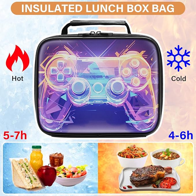 Gamer Lunch Box for Boys,Leather Boys Lunch Bag for Kids,Gamer Gifts for Kids,Insulated Video Game Lunchbox,Reusable Portable Lunchbox for School Travel Picnic Hiking Beach