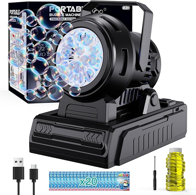 Panamalar Bubble Machine Adjustable Angle, 10 Big Holes Automatic Bubble Blower Machine for Kids 20000+ Big Bubbles with Solution, Portable Bubble Maker Outdoor Toys for Garden Party Wedding-Black