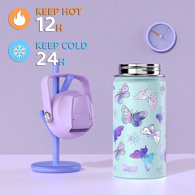14oz Kids Insulated Water Bottle with Straw Lid - 18/8 Stainless Steel Kid Cup Travel Tumbler Double Wall Vacuum Leak Proof Portable Toddler Water Bottle (Butterfly+Mermaid）