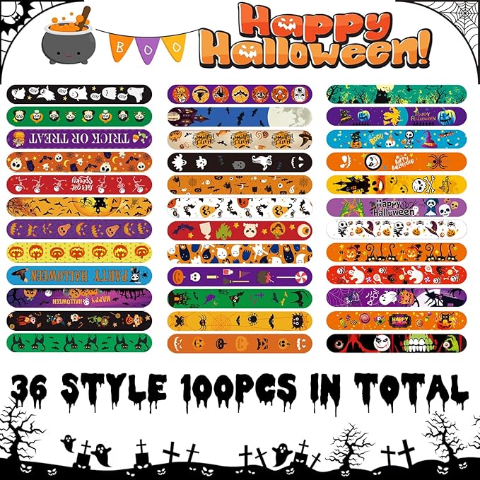 100Pcs Halloween Slap Bracelets, Halloween Party Favors Treat Toys for Kids Girls Boys, Slap Bracelets Bulk for Halloween Party Supplies, Halloween Treat Goodie Bags Gifts