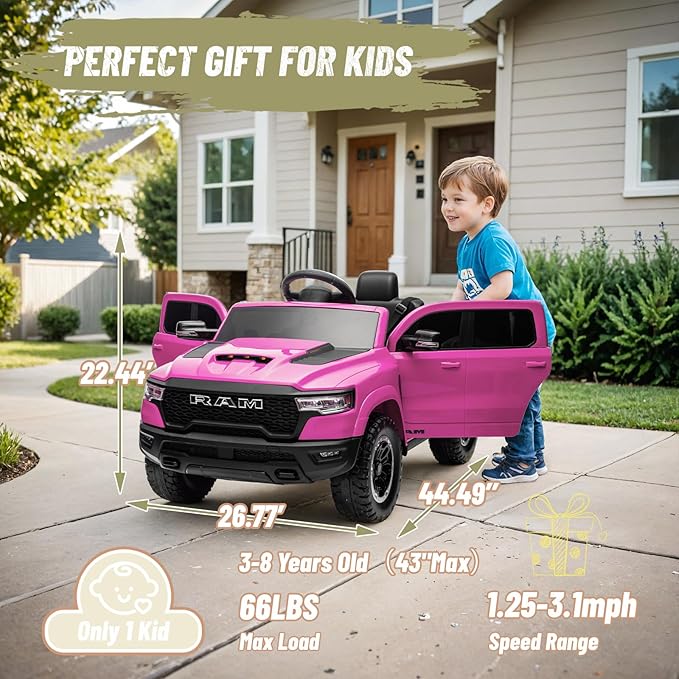 Ram 1500 Ride on Toys for Kids 4-8, Ride on Pickup Truck for Toddlers with Remote Control,12V Battery Powered Car with Trunk, Bluetooth, Music, Safety Belt (Pink)